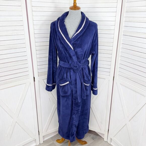 Victorias Secret Logo Ribbon Trim Fleece Bathrobe Robe Blue Small - Picture 1 of 12
